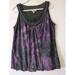 Dressbarn Women's 1X‎ Purple Black Floral Beaded Neck Sleeveless Bubble Hem Top